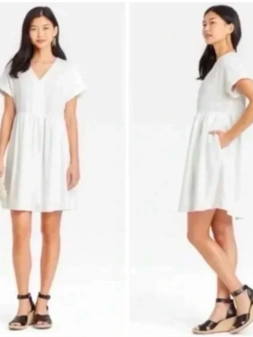 Universal Threads Short-Sleeve V-Neck White Linen Babydoll Summer Dress SZ M